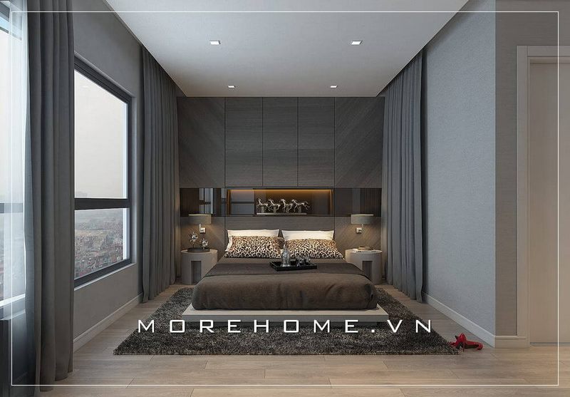 Giường ngủ thấp với lối thiết kế hiện đại, đơn giản được lựa chọn mang lại cho không gian phòng ngủ chung cư nhỏ thêm phần rộng thoáng và thanh lịch